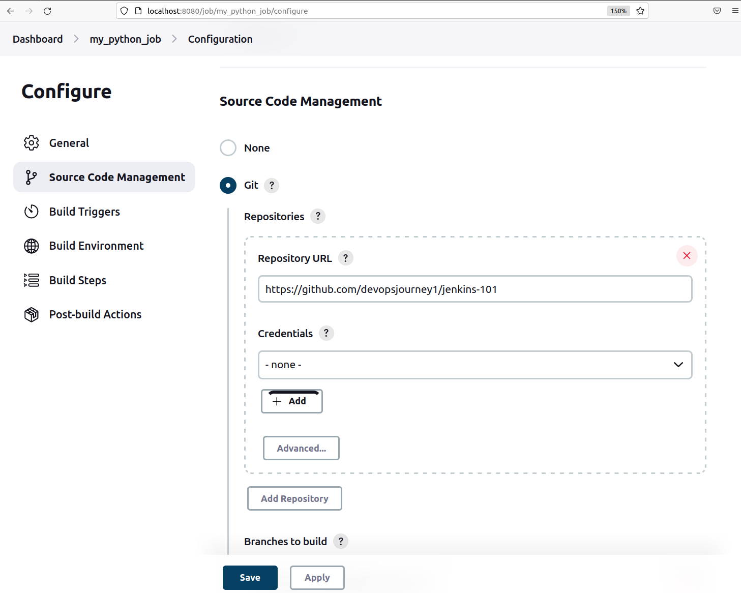 Настройка Jenkins для запуска скрипта из github репозитория Source Code Management изображение с сайта www.aredel.com