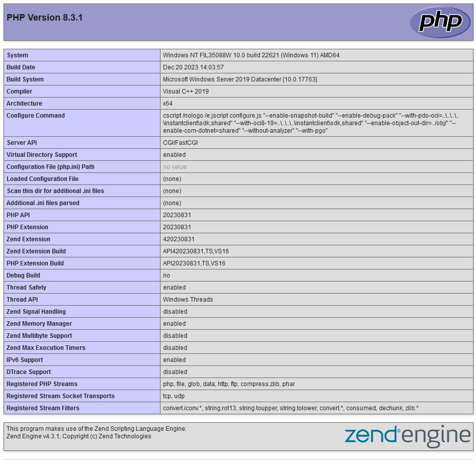phpinfo of PHP 8.3.1 on Windows 11 behind Nginx, Server API CGI/FastCGI