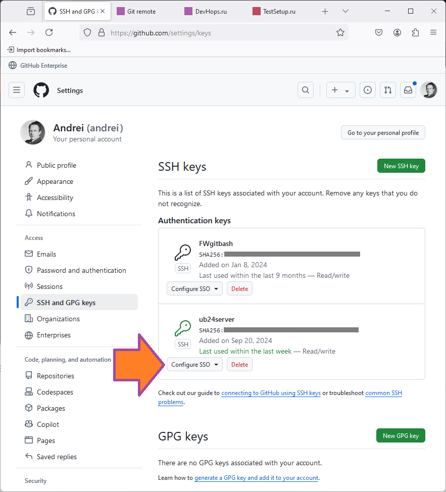 Configure SSO для SSH ключа изображение с сайта www.devhops.site